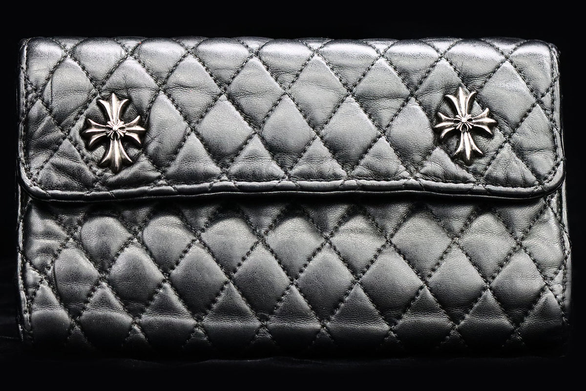 Authentic Chrome Hearts Quilted 3 Snap Leather Wallet 