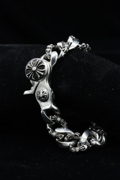 Authentic Chrome Hearts Fancy Bracelet in Sterling Silver custom set in VS1 Diamonds on links and clasps