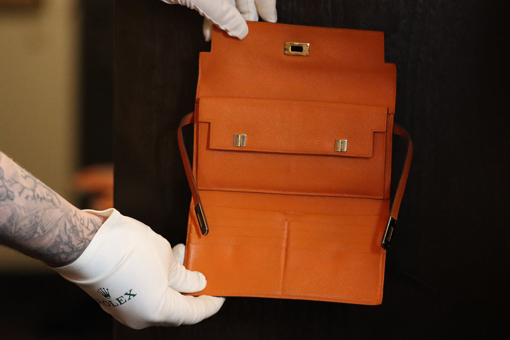 Authentic HERMES Money Clip Orange Leather #W306003 