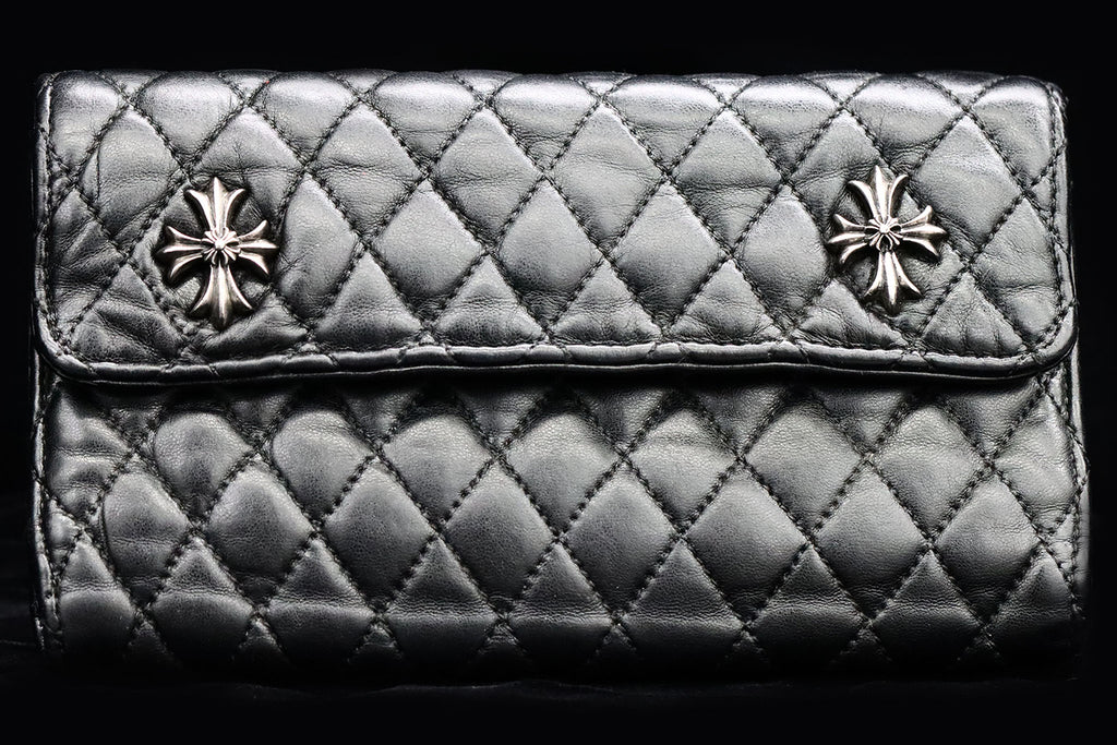 Authentic Chrome Hearts Quilted 3 Snap Leather Wallet