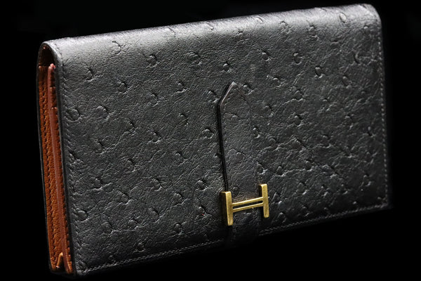 ***SOLD*** Hermes Bearn Classic Ostrich Leather Bifold Wallet Long Purse in Black/Brown