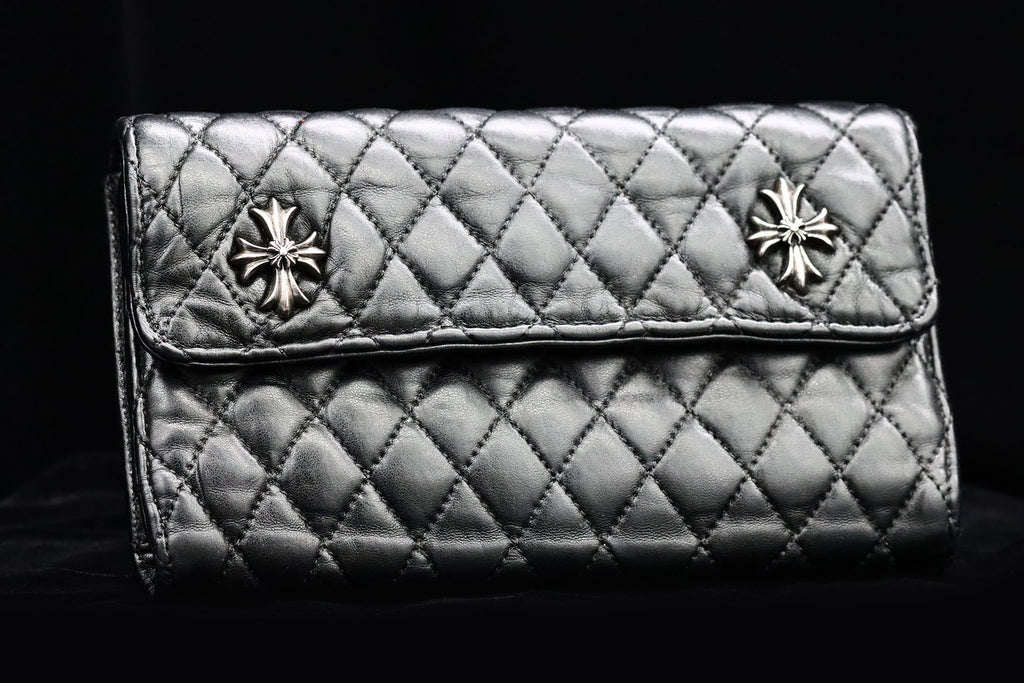 Authentic Chrome Hearts Quilted 3 Snap Leather Wallet